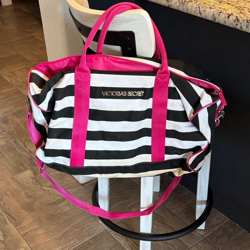Victoria's Secret Black and White Striped Bag with Pink Accents